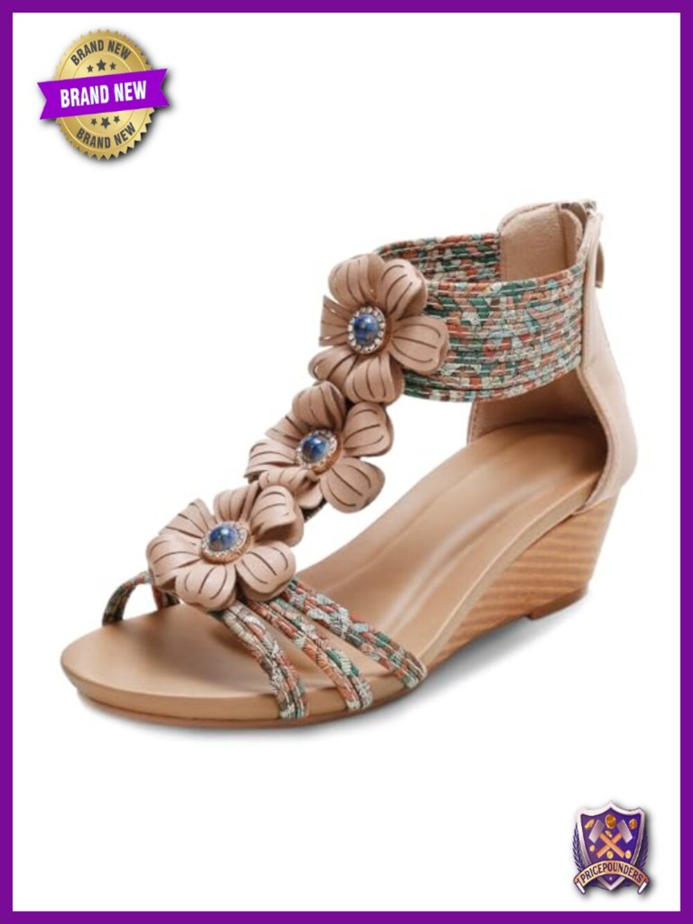 Low Heel Platform Wedge Sandals with Zipper and Floral Design, Open Toe Roman
